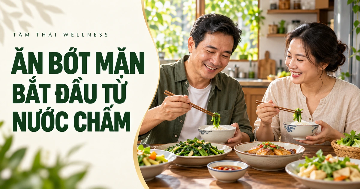 Hai người cùng dùng bữa cơm gia đình với bát nước chấm riêng — minh họa AI