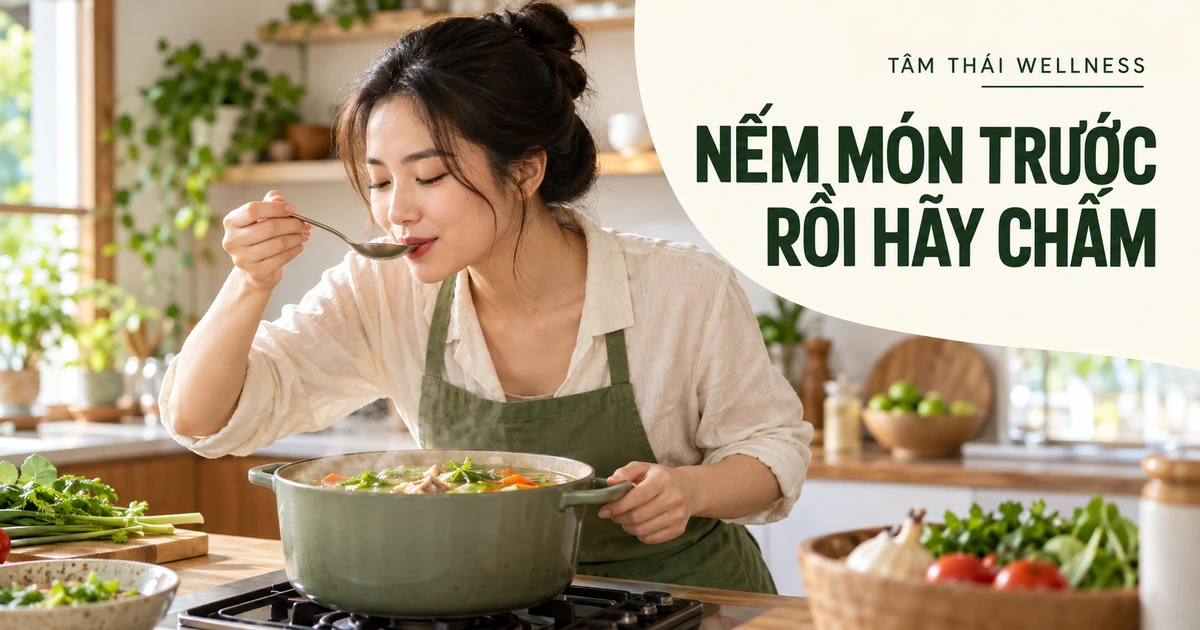Người phụ nữ nếm canh trước khi thêm gia vị — minh họa AI