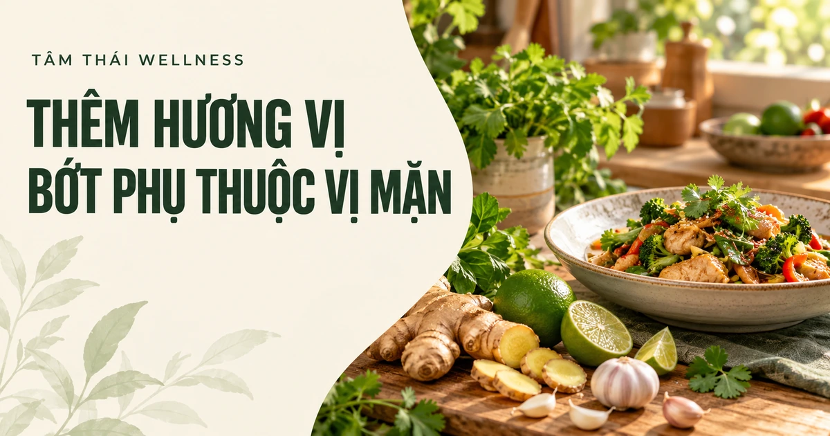 Rau thơm, gừng, tỏi và chanh bên món ăn đã nấu — minh họa AI