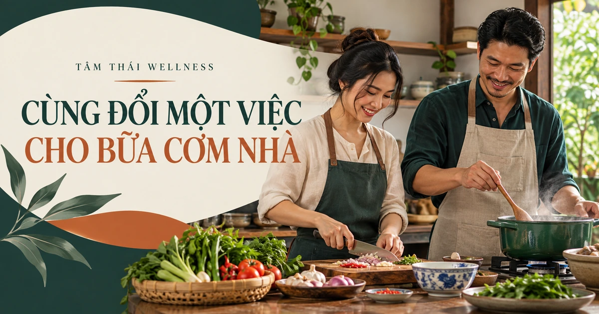 Hai người cùng chuẩn bị món ăn trong bếp — minh họa AI