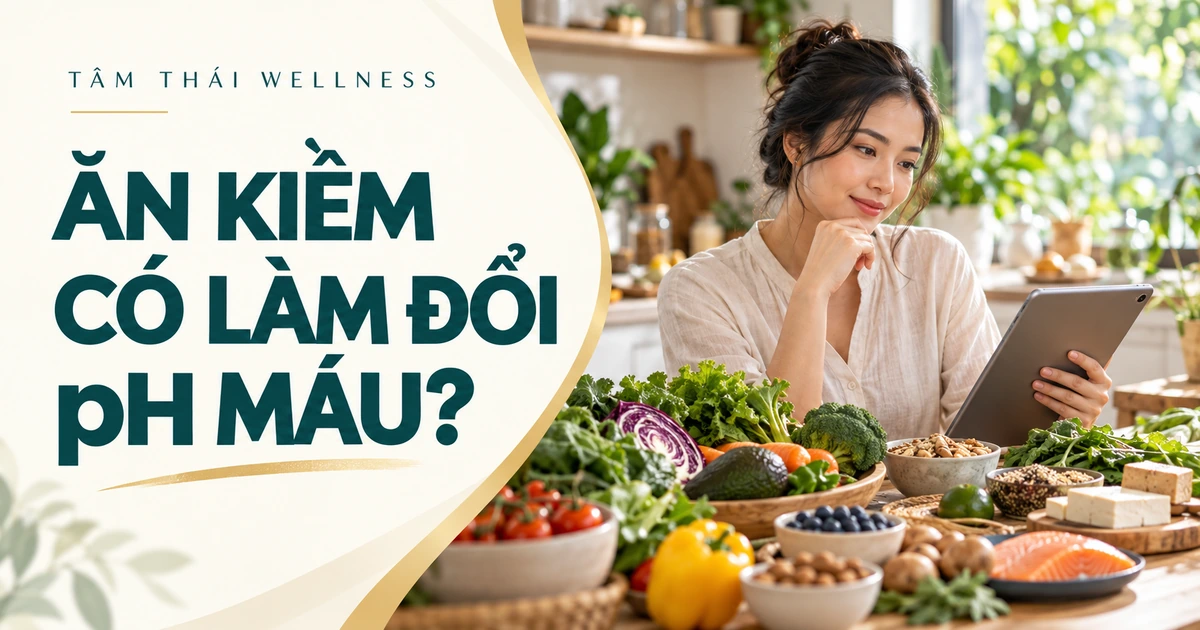 Người phụ nữ tìm hiểu thông tin ăn kiềm bên thực phẩm đa dạng — minh họa AI
