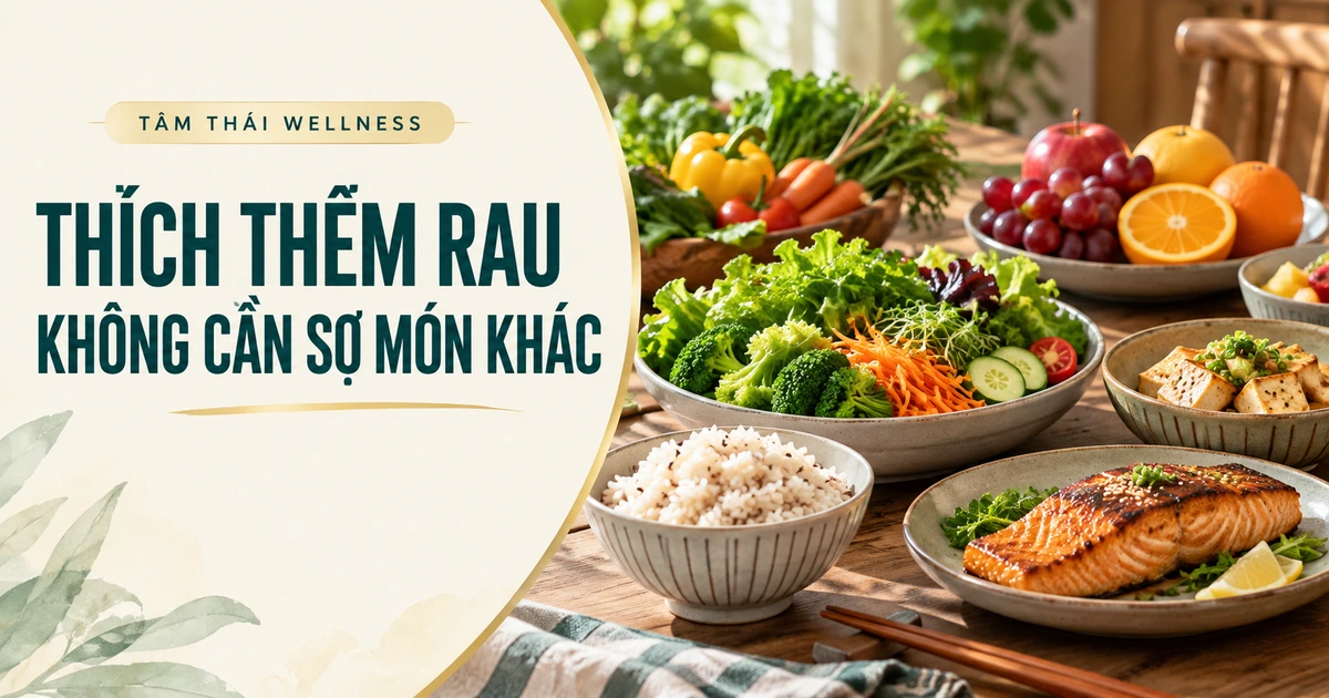 Rau, đậu phụ, cá, cơm và trái cây trong bữa ăn đa dạng — minh họa AI