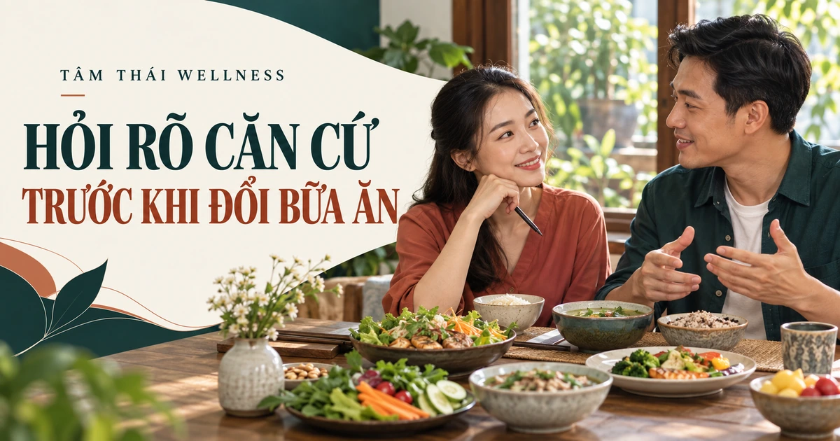 Hai người trao đổi về thông tin dinh dưỡng bên bữa ăn — minh họa AI