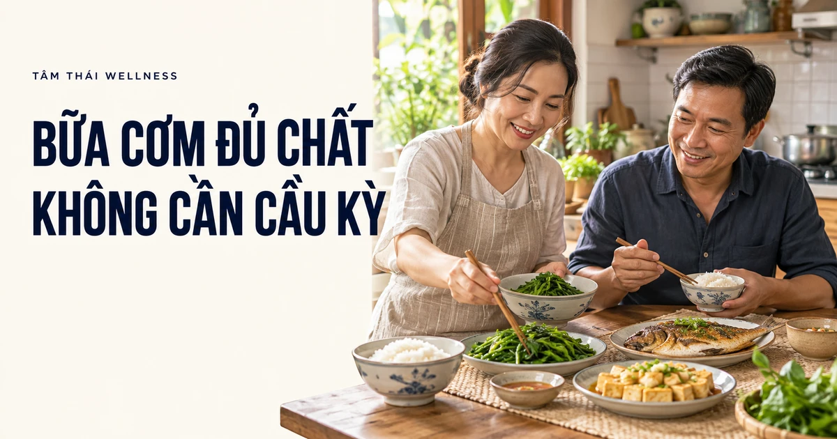 Hai người cùng dùng bữa cơm gia đình có cơm, rau, cá và đậu phụ – minh họa AI