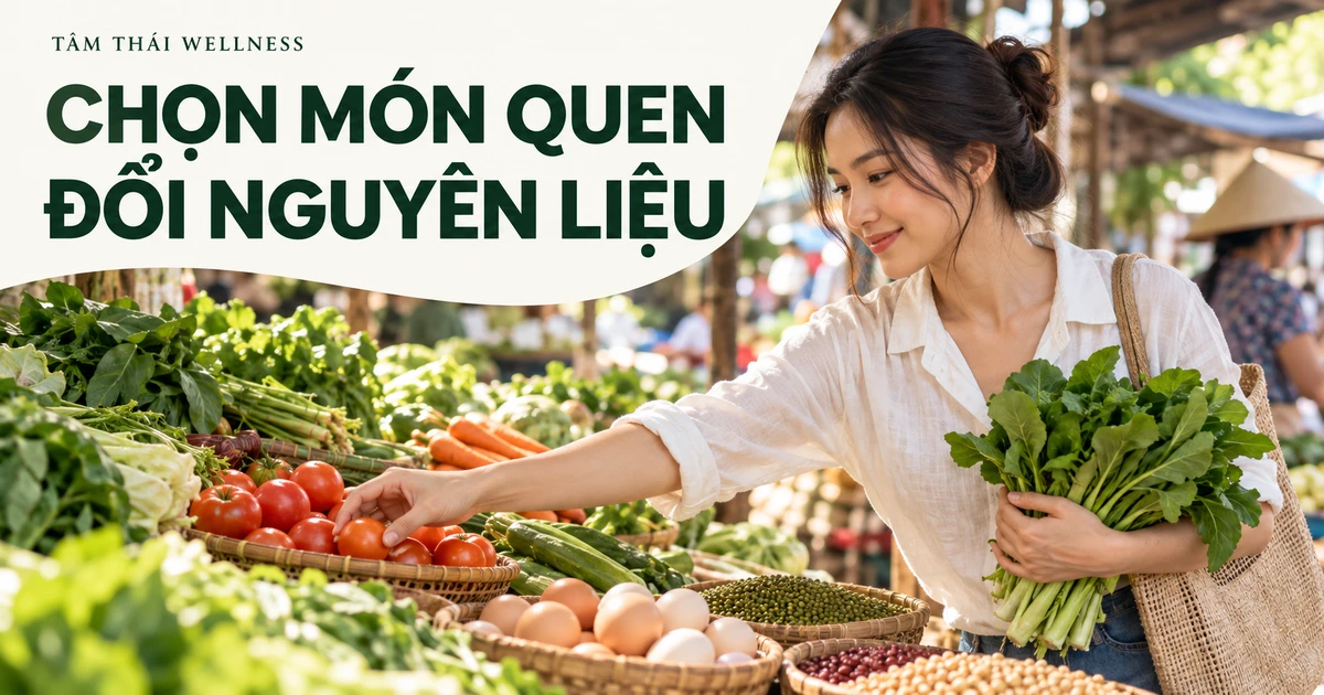 Người phụ nữ chọn nguyên liệu ở chợ – minh họa AI