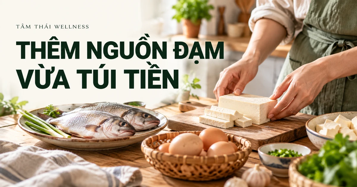 Các nguyên liệu đạm quen thuộc gồm đậu phụ, cá và trứng – minh họa AI