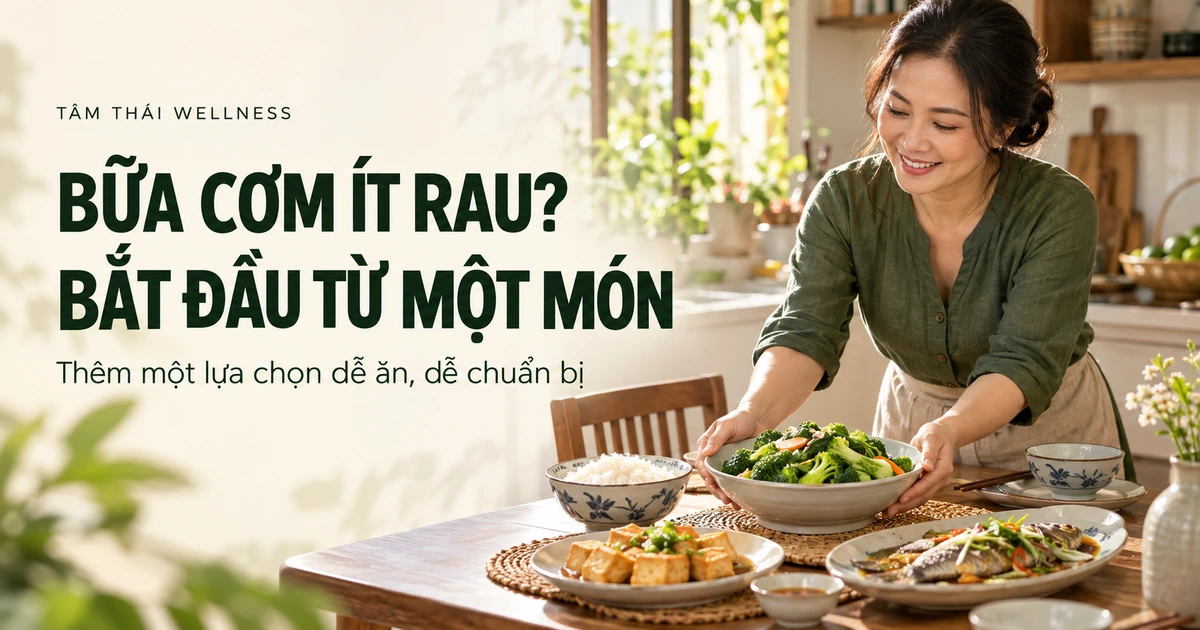 Người phụ nữ đặt món rau xanh lên bàn cơm gia đình – minh họa AI