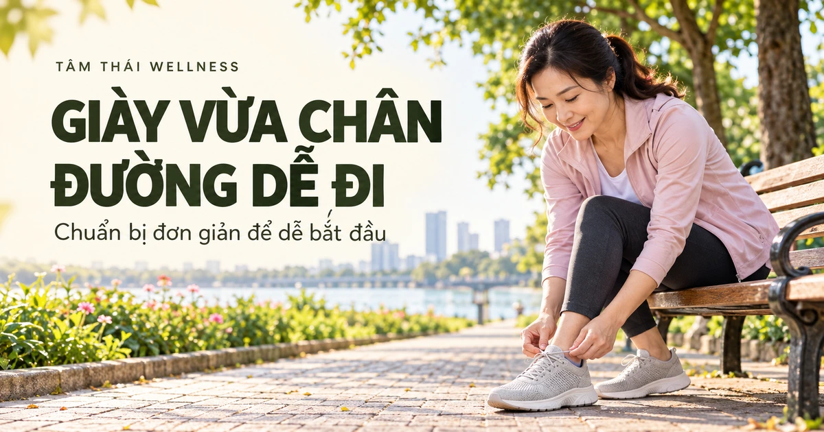 Người phụ nữ chuẩn bị giày đi bộ trên ghế công viên – minh họa AI