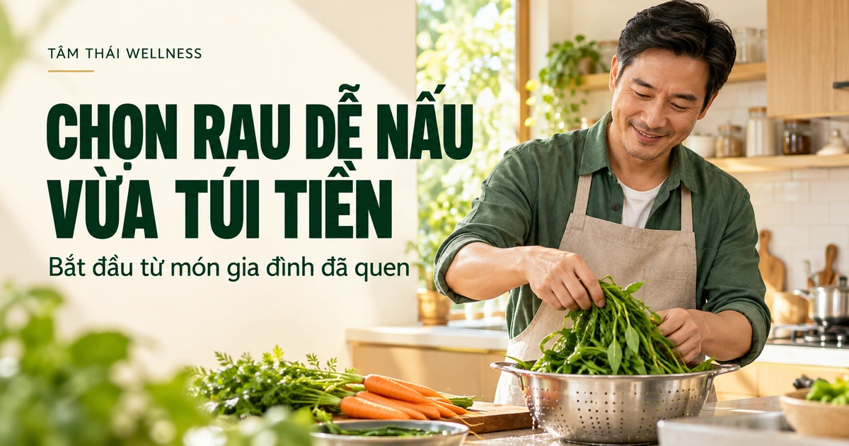 Người đàn ông chuẩn bị rau trong căn bếp sáng – minh họa AI