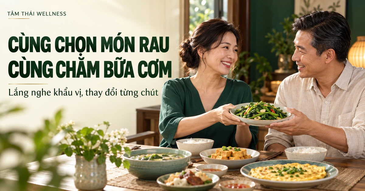 Vợ chồng chia sẻ món rau trong bữa cơm ở nhà – minh họa AI
