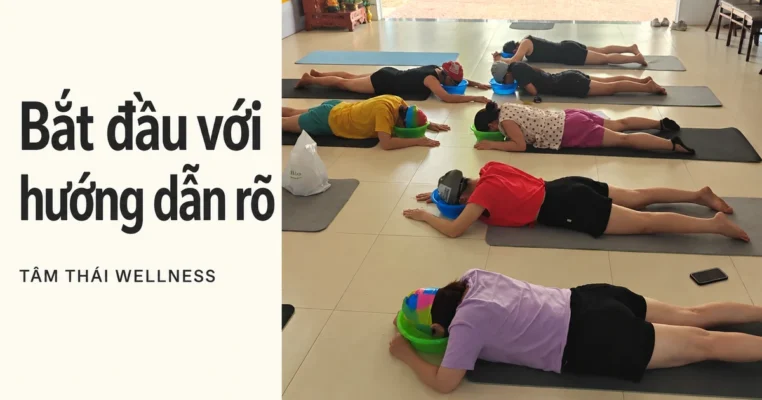 Một nhóm người lớn thực hành trên thảm trong không gian có mái che.