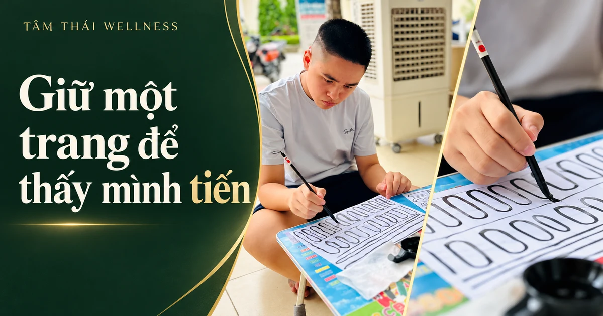 Chi tiết bàn tay, bút và trang giấy luyện nét từ tư liệu lớp thư pháp.