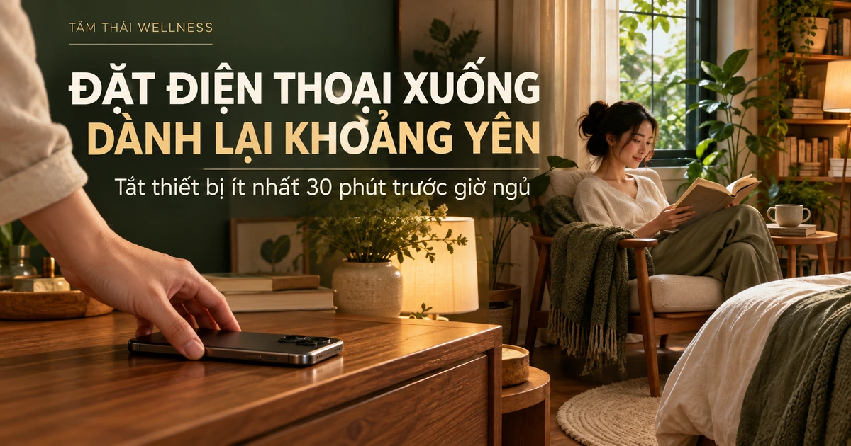 Bàn tay đặt điện thoại xuống cạnh góc đọc sách – minh họa AI