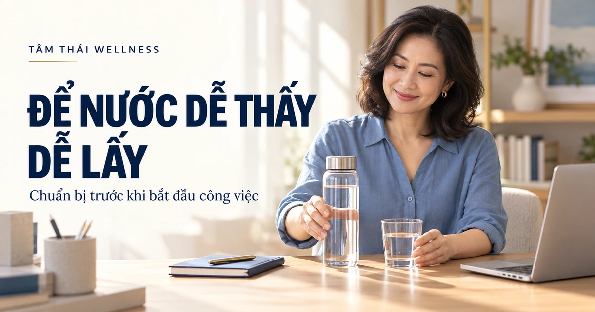 Người phụ nữ đặt bình nước và ly trên bàn làm việc – minh họa AI