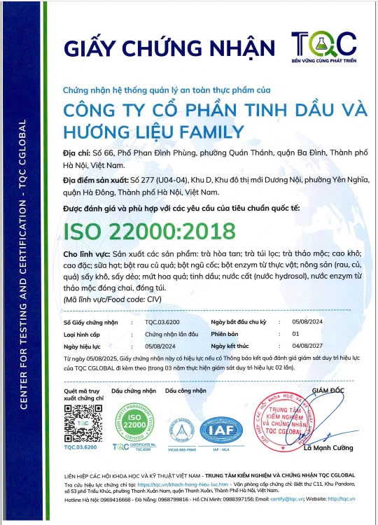 Toàn trang bản chứng nhận ISO 22000:2018 của Công ty Cổ phần Tinh dầu và Hương liệu Family