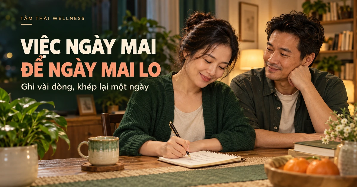 Hai vợ chồng ngồi bên bàn, người vợ ghi việc ngày mai vào sổ – minh họa AI