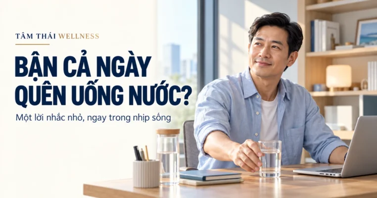 Người đàn ông ngồi làm việc cạnh máy tính và ly nước – minh họa AI