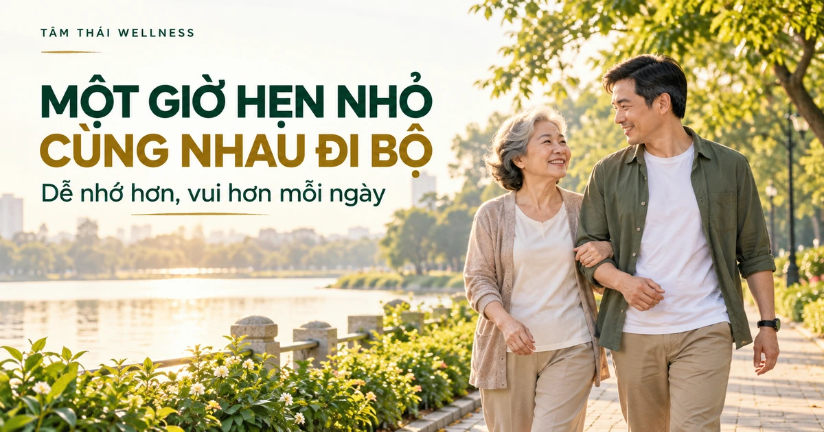 Người đàn ông đi bộ cùng mẹ lớn tuổi trong công viên – minh họa AI