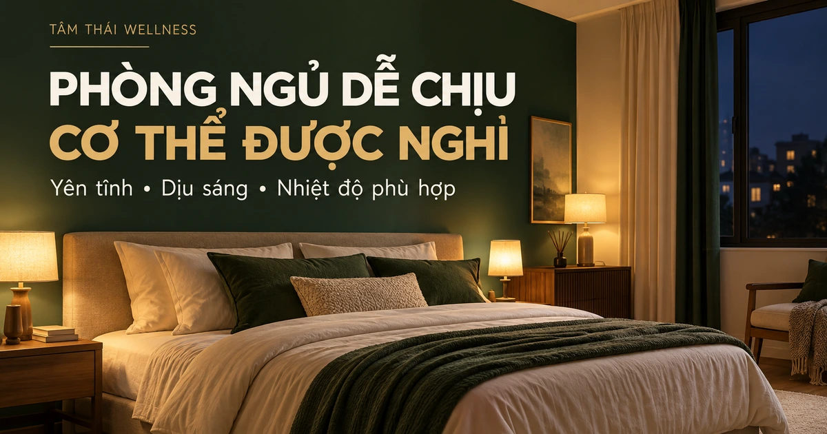 Phòng ngủ có giường gọn gàng, rèm và đèn ánh sáng dịu – minh họa AI