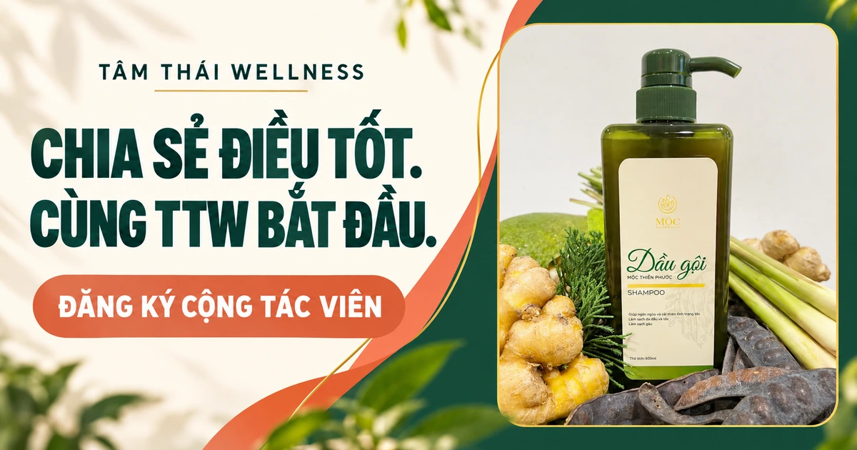 Ảnh thiết kế đăng ký CTV TTW với dầu gội Mộc Thiên Phước và thông điệp chia sẻ điều tốt