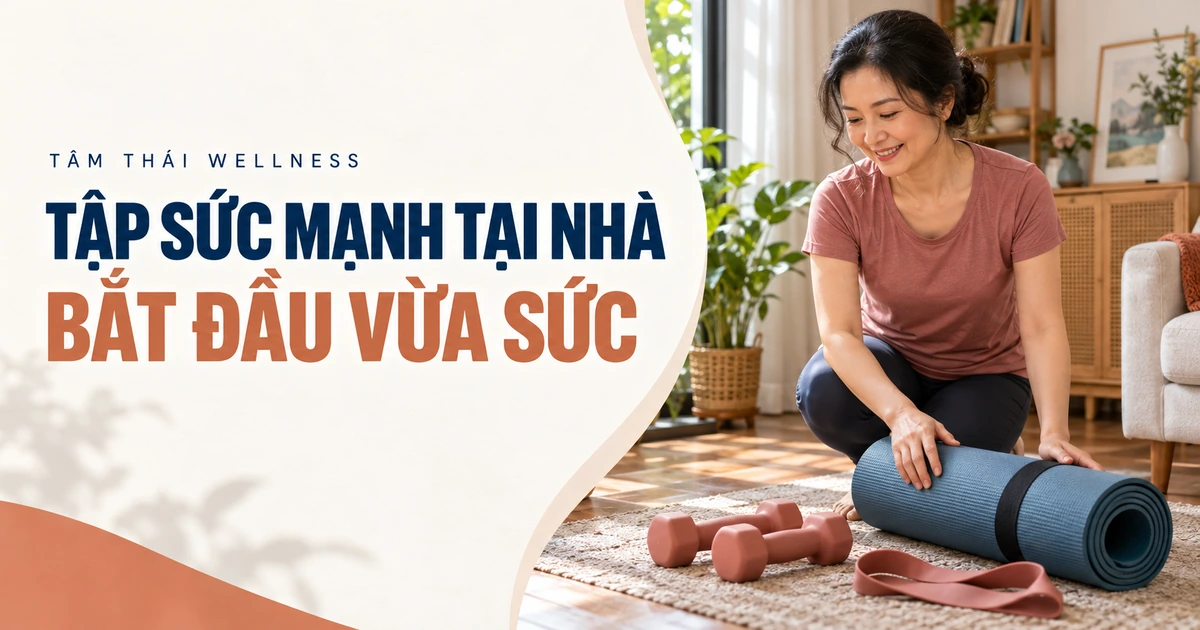 Người phụ nữ chuẩn bị thảm, tạ nhỏ và dây kháng lực tại nhà — minh họa AI