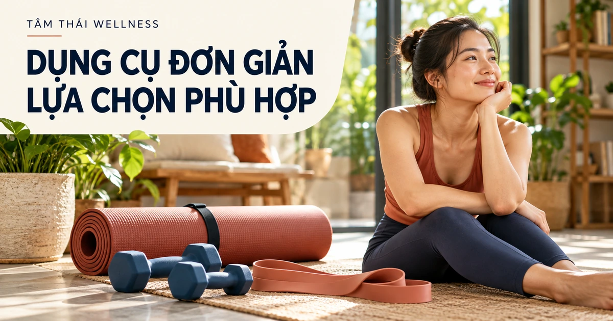 Người phụ nữ bên thảm, tạ nhỏ và dây kháng lực — minh họa AI