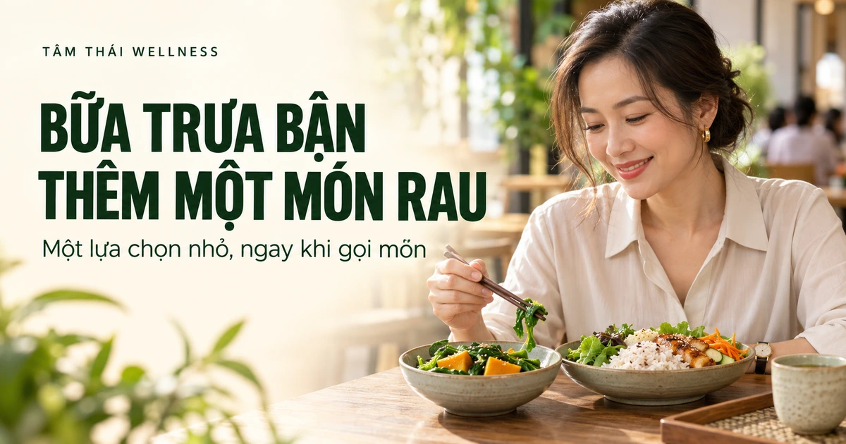 Người phụ nữ dùng cơm trưa cùng một phần rau ở quán – minh họa AI