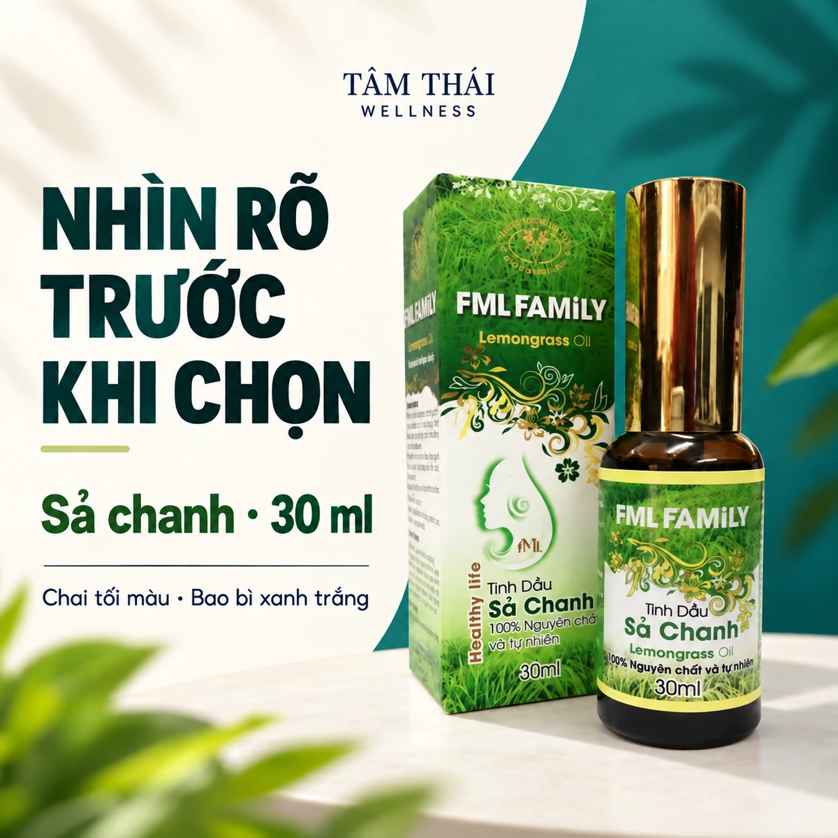 Chai tinh dầu Sả chanh FML FAMILY và hộp xanh trắng, dung tích 30 ml